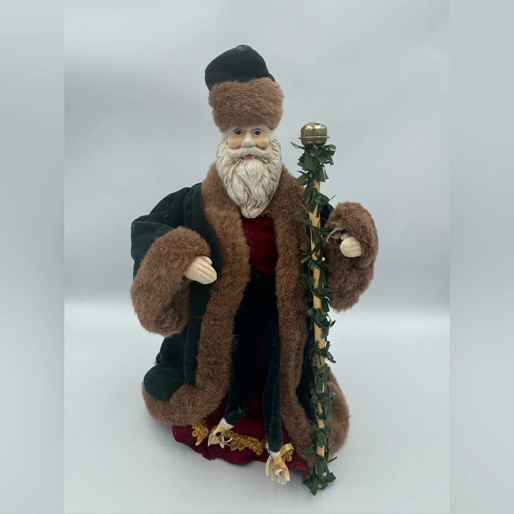 Vintage Victorian Santa Tree Topper Figure Red‎ Green Fur Trim Ceramic Face